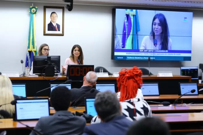 Pessoas estão sentadas numa sala com mesas à frente, ao fundo uma mulher fala ao microfone e um telão transmite a reunião ao lado direito