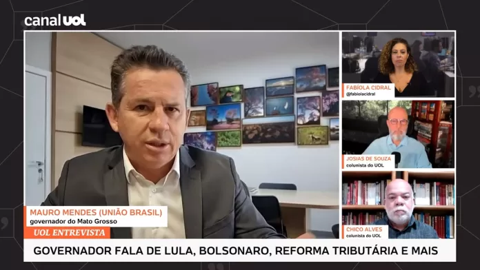 O governador Mauro Mendes durante a entrevista