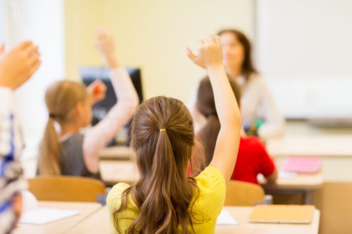 Educação - geral - sala de aula - magistério - professor - estudante com a mão levantada em durante aula