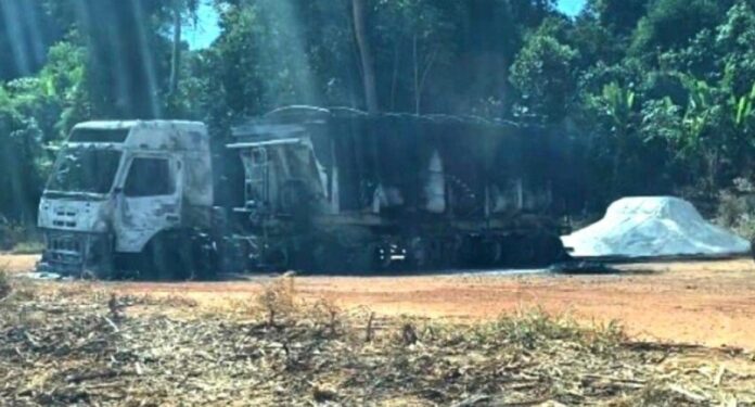 Corpo é achado carbonizado ao lado de carreta queimada em área de mata