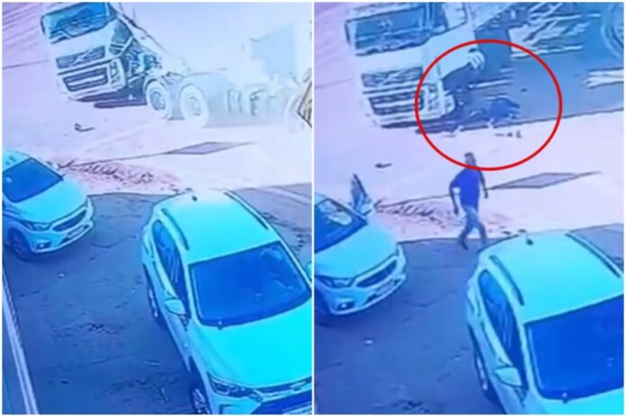 Vídeo – Homem morre imprensado por caminhão na frente da família