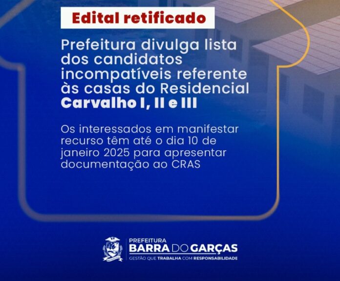 Prefeitura de Barra do Garças divulga lista dos candidatos incompatíveis referente as casas do Residencial Carvalho I, II e III