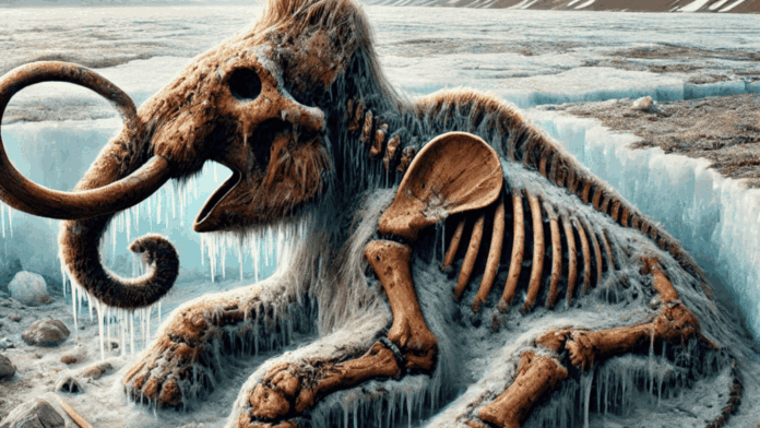 Ilustração de um fóssil de bebê mamute numa cratera de permafrost 