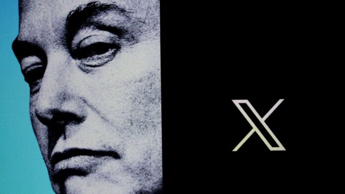 À esquerda, rosto de ElonMusk em preto e branco; à direita, logo do X em fundo preto projetado em um smartphone