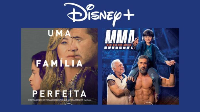 Montagem com pôsteres da série Uma Família Perfeita e do filme MMA Meu Melhor Amigo, dois entre os lançamentos da semana entre 17 e 13 de março no Disney+