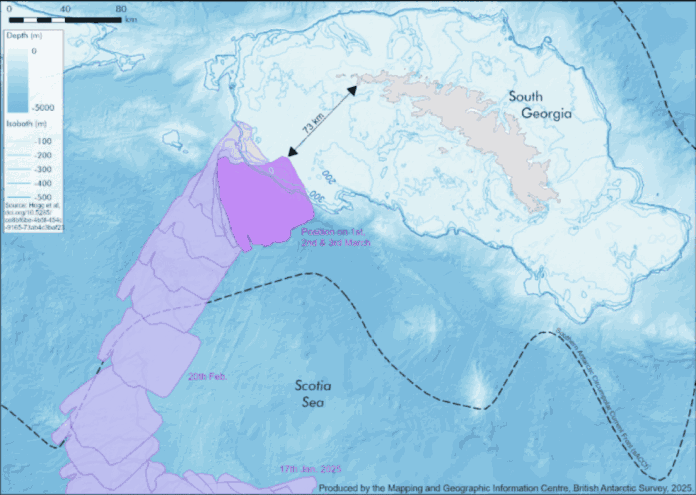 Rota do iceberg A23a desde 17 de janeiro de 2025